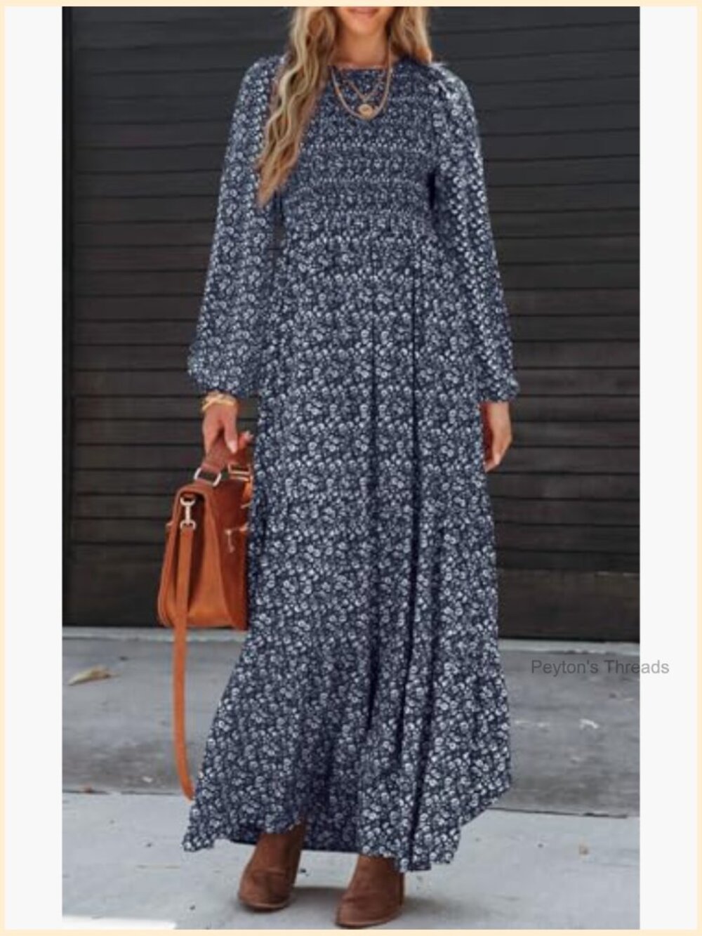 Long Sleeve Flowy Floral Maxi Dress Crewneck Smocked Tiered Swing Dress with - Picture 4 of 7